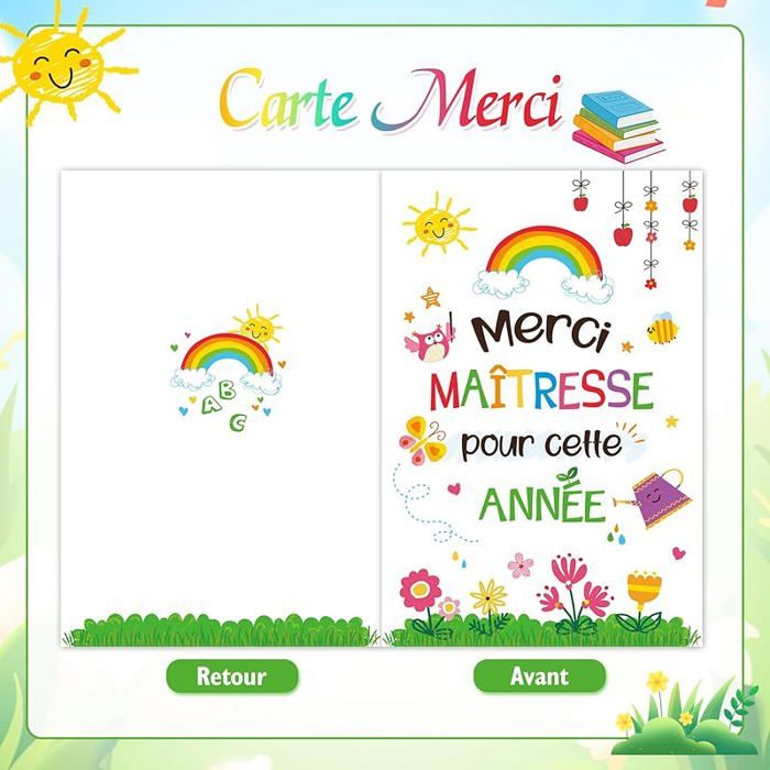 Cadeau Maîtresse – Badge Fleur Rose “Merci Maîtresse” + Carte Vœux + Enveloppe – Fin D’année Scolaire