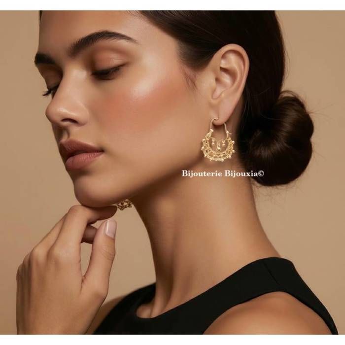 Boucles D'oreilles Créoles Plaquées Or - Style Savoyarde Avec Zircon - ROSANTINE