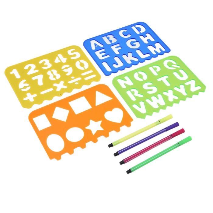 Pochoirs à Dessin Alphabet Et Chiffres – Set De 4 Planches Creuses + 3 Stylos, Cadeau Éducatif Dès 3-6 Ans