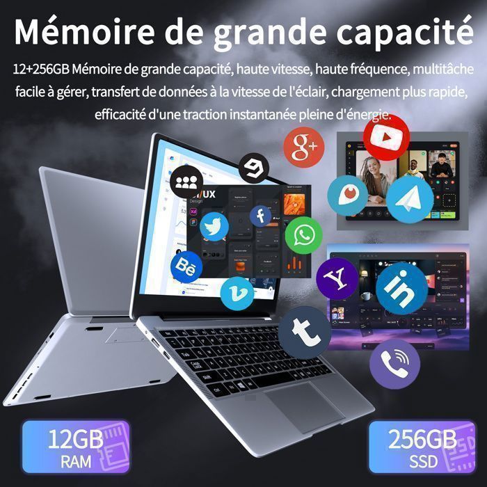 Ordinateur Portable 14,1 Pouces - 12 Go RAM, SSD 256 Go, Processeur Celeron N3710, Windows 11 - Léger & Autonome Pour Le Bureau Et Les études