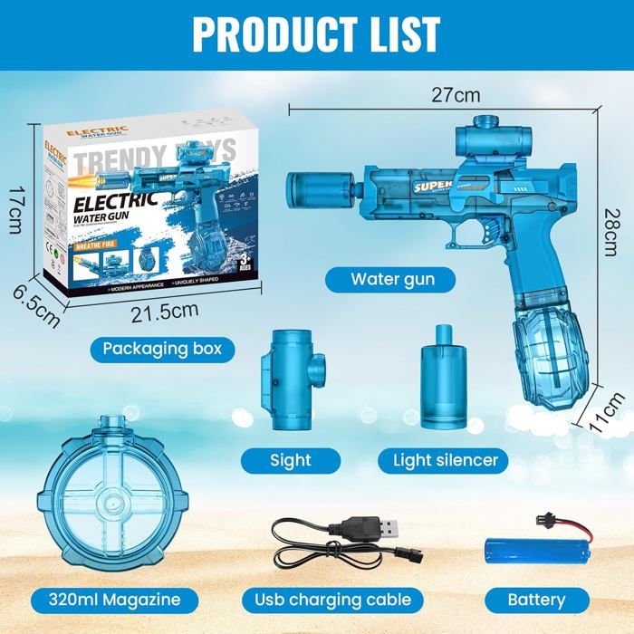 Pistolet à Eau Électrique Puissant 1000ml avec Lumières - Inclut Sac Étanche & Lunettes - Gris Blanc