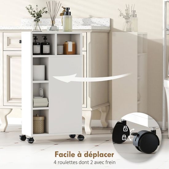 Tidyard Meuble étroit de Salle de Bain à roulettes Blanc, Meuble de Rangement Salle de Bain avec Compartiment