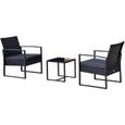 Outsunny Salon de jardin 2 places 3 pièces 2 chaises avec coussins + table basse plateau verre trempé 4 fils imitation rotin noir-0