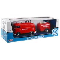 Véhicule miniature - Fourgon miniature reproduit à l'échelle 1:24 VW Combi Type 2 T1 Pompier Allemand avec remorque - Motormax