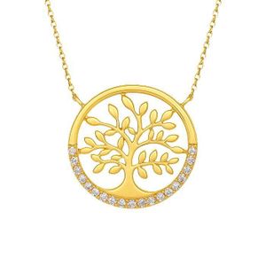 Collier Femme Avec Pendentif Arbre De Vie - Cristal, Plaqué Or Jaune 750, Neuf