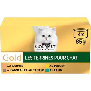 BOITES - PATÉES LOT DE 4 - PURINA GOURMET - Les Terrines Pâtée pour chat au lapin agneau canard poulet saumon - paquet de 4 boîtes de 85 g
