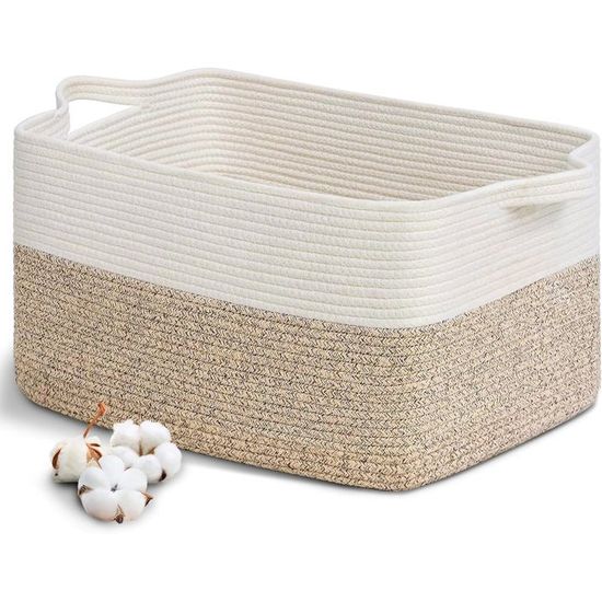 BOSROTY Grand Panier à Linge En Corde De Coton Tissée Pour Ranger Jouets, Vêtements, Serviettes, 40 X 55 Cm, Blanc Et Marron Dégradé De 72 L