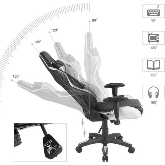 BUL Siège GAMING Chaise de bureau fauteuil avec coussins, siège style racing racer gamer chair, Noir/Blanc