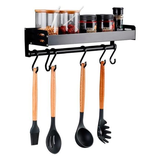 Support Mural Ustensiles Cuisine Noir – Barre 40 Cm Avec 6 Crochets Coulissants Rotatifs 360° Acier Inox