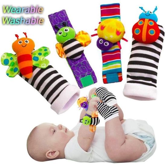 Lot De 4 Hochets De Poignet Et Chaussettes Bébé – Jouets Sensoriels Colorés Avec Animaux Mignons – Développement Cerveau, Motricité Et Éveil – Dès La Naissance – Garçons Et Filles