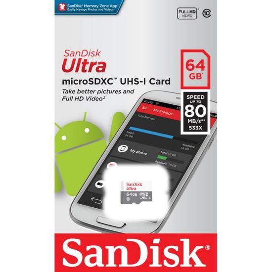 Carte mémoire flash MicroSDXC Ultra Android - SANDISK - 64GB - UHS-I / Class10 - Jusqu'à 80 Mo/s