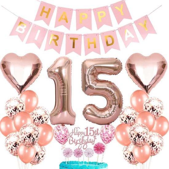 Décoration D'Anniversaire 15 Ans, Pour Fille, Avec Ballons, Guirlande Happy Birthday, Décoration