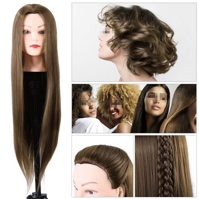 24 Pouce Pro Tête À Coiffer Long Naturel Cheveux Brun Coiffure Mannequin Tête d'apprentissage Tête à Coiffer Tête d'exercice