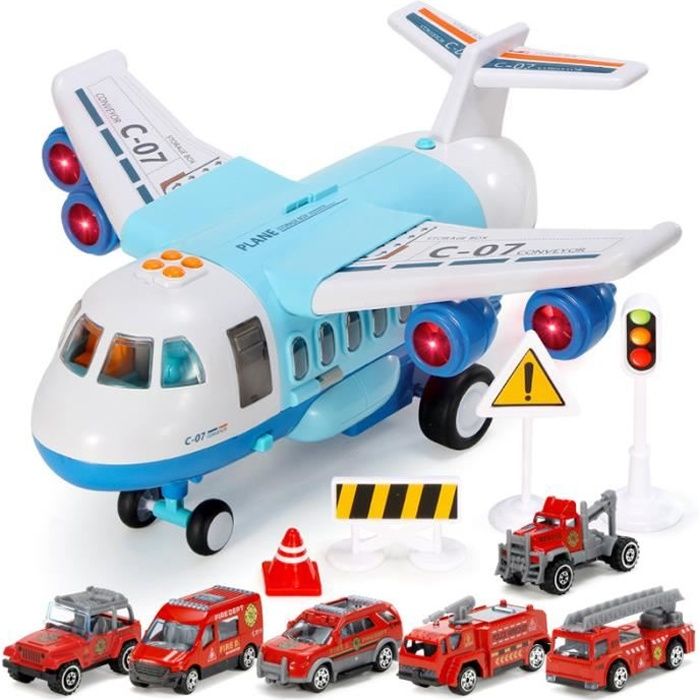 Voiture de Jouet,Voiture de Pompier pour Enfant,Avion Jouet Transporteur de Voitures,Camion de Pompier Jouet avec lumière