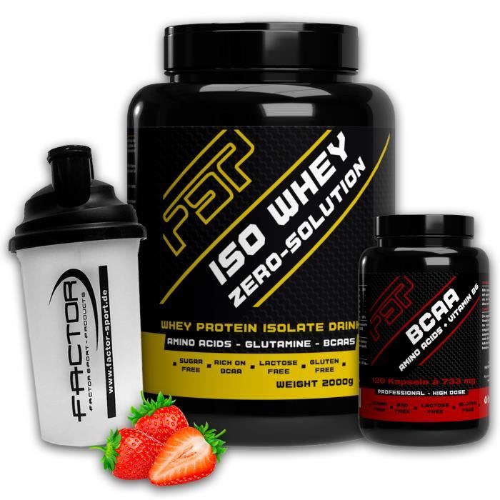 FACTOR ISO WHEY ZERO-SOLUTION (1 x 2000 g) + 120 Capsules BCAA + Shaker (Fraise)