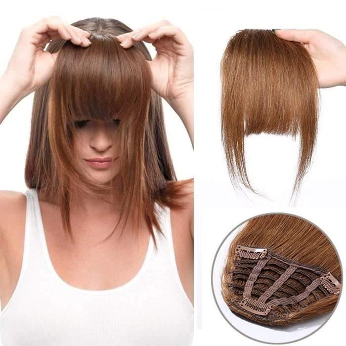 Frange a Clip Naturel Postiche 7 --18CM Extension 100% Cheveux Humains Naturels Lisse - 06 Châtain Clair MC15520