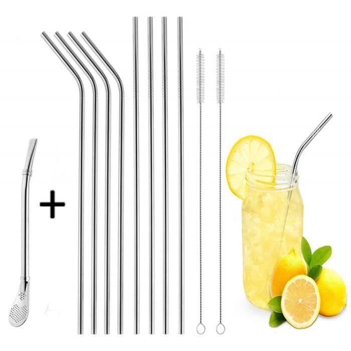 Pailles en Acier Inox 9pcs Pailles à Boire Réutilisables avec 1pcs Paille à Mojito en Métal et 2pcs Brosse Nettoyage