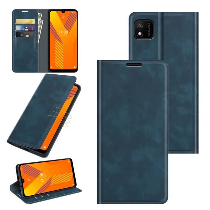 Etui Housse Wiko Y62 Bleu en PU Cuir avec protection antichoc support et poche cash 3 emplacements pour cartes