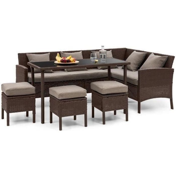 Blumfeldt Titania Lounge Salon de jardin 7 places en résine tréssée - table à manger , canapé & 3 poufs - polyrotin + housse marron