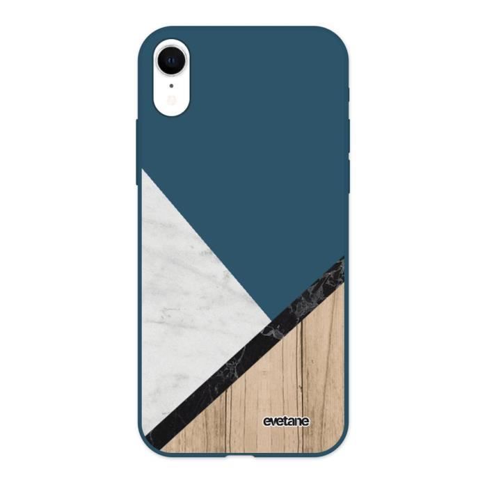 Coque pour iPhone Xr Silicone Liquide Douce bleu marine Marbre et Bois Graphique Ecriture Tendance et Design Evetane