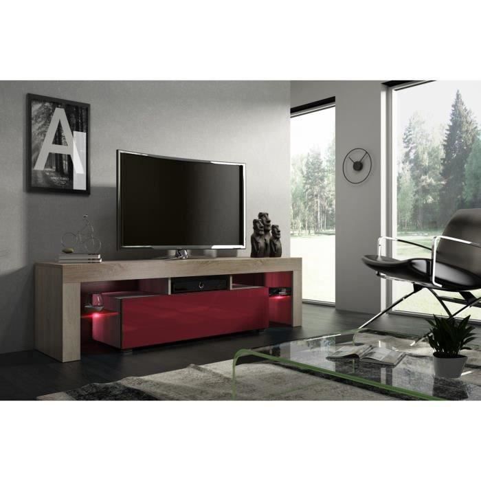 Meuble tv 160 cm chêne MDF et bordeaux laqué avec led