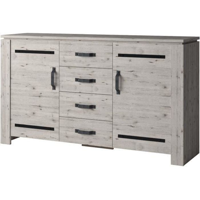 Buffet 2 portes et 4 tiroirs IRON. Meuble pour votre salon ou votre salle à manger. Coloris chêne naturel Wellington. 44 Marron