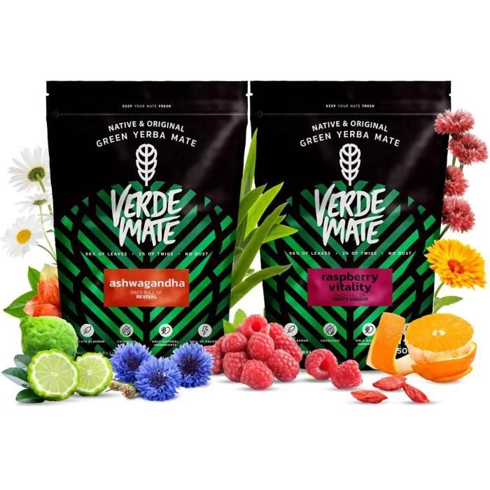 Yerba Mate 1 kg Kit Maté Fruite Verde Mate Ashwagandha Framboise Non Fumé 2 x 500g