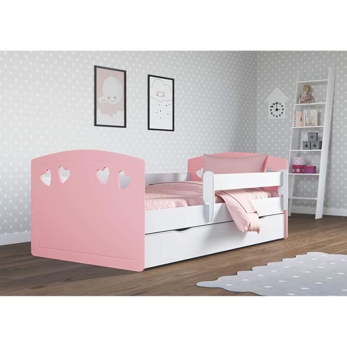 Lit Enfant avec Matelas Inclus 80x160 cm avec Barrière de Sécurité, Tiroir Amovible et Sommier à Lattes - pour Filles - Rose Pâle