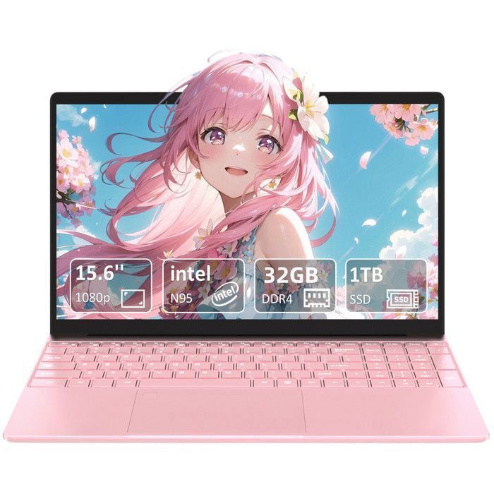 Auusda PC Portable 15.6- Stockage 32GB+1To – Intel Celeron N95 – Ordinateur Portable Windows 11 FHD 1920*1080 – 5G/2.4G WiFI Rose