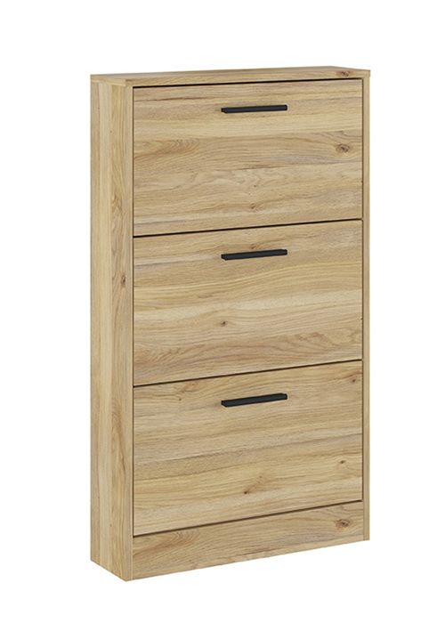 Meuble à chaussures commode à chaussures à 3 portes coloris chêne Mauvella - Longueur 59 80 x profondeur 17 x hauteur 107 70 cm Meuble à chaussures commode à chaussures à 3 portes coloris chêne Mauvella - Longueur 59 80 x profondeur 17 x hauteur 107 70 cm