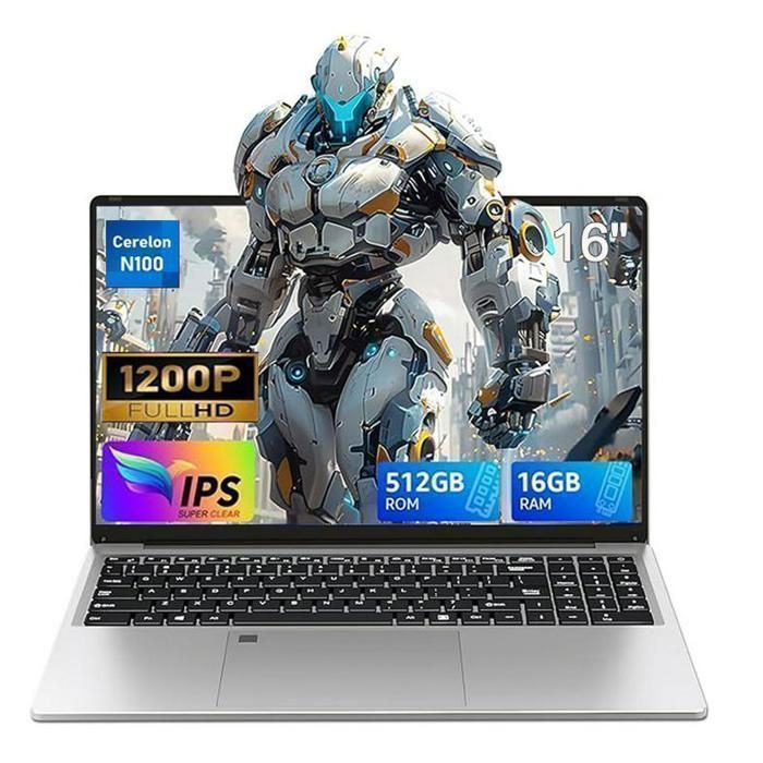 PC Portable 16Intel N100 (Jusquà 3.4 GHz)16Go RAM 512Go SSD 1200P HDOrdinateur Portable Win 11 Pro Avec Clavier Rétroéclairé