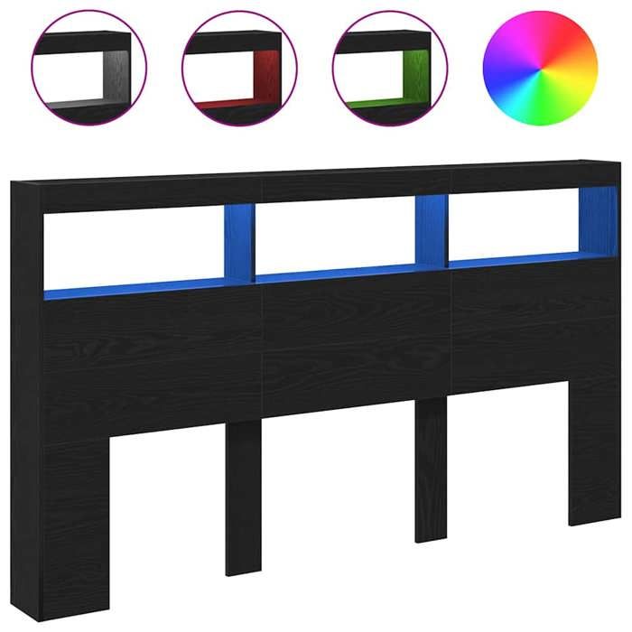 ESTINK® Armoire tête de lit avec LED - avec rangement - pour chambre - chêne noir 180x17x102 cm @9131@