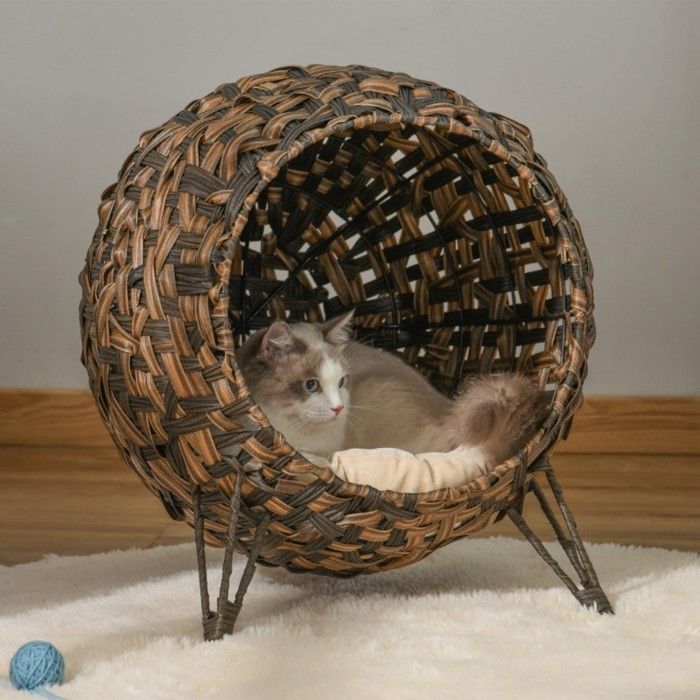 Maison chat rotin coussin 52x58 cm - Couchage grotte confortable sur pieds surélevés marron pour félins Maison chat rotin coussin 52x58 cm - Couchage grotte confortable sur pieds surélevés marron pour félins