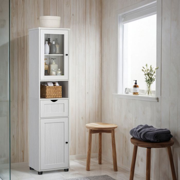 Colonne de Salle de Bain - Blanc - Rangement Ajustable - Tiroir - Porte Vitrée