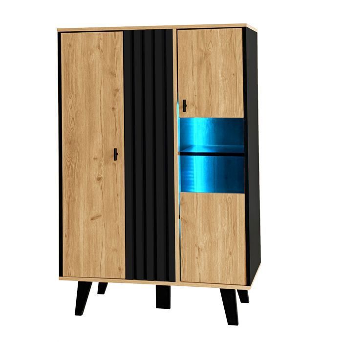 Vitrine LED 120x80x40 cm - FloraGrace+Rangement a 3 etageres portes en verre et eclairage LED - Bois et noir