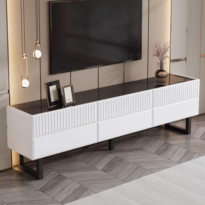 Meuble TV avec tiroirs - MODERNLUXE - 170x35x47 cm - 3 tiroirs - Plateau laqué brillant - Pieds en fer - Blanc et noir