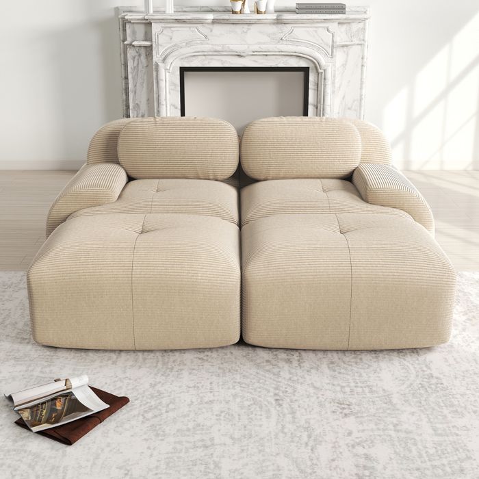 DRIPEX Canapé modulable en velours côtelé - 2 places - Canapé lit avec 2 oreillers et 2 poufs - 208x178x70cm -Beige