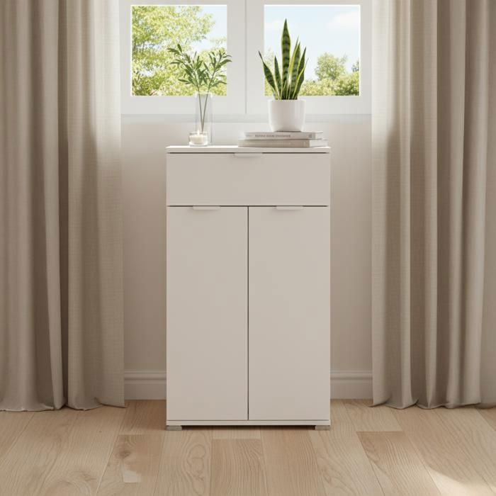 Meuble de rangement - THE WHITE STONE - 60x105x38 cm - Blanc mat - 2 portes + tiroir - Étagères réglables Meuble de rangement - THE WHITE STONE - 60x105x38 cm - Blanc mat - 2 portes + tiroir - Étagères réglables