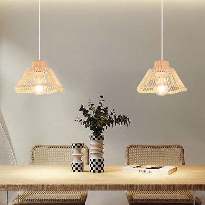 WOTTES Lot de 2 Lustres Suspensions en Bambou Tressée à la Main Abat-jour E27 Lampe suspendue en Rotin Eclairage Loft Vintage Bois