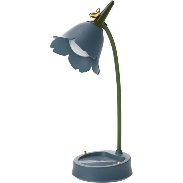 Intensité variabledirigéLampe de table bleue à motifs floraux et doiseaux avec capteur tactile et bras de lampe flexible.
