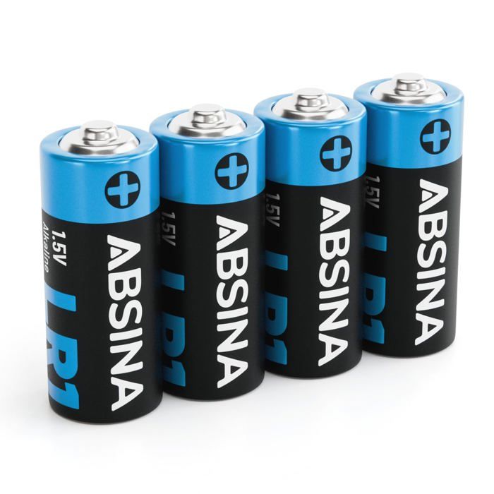 Pile alcaline LR1 - ABSINA - 1 5V - Lot de 4 - 30x12 mm - Longue durée de vie - Résistance thermique -20°C à +60°C