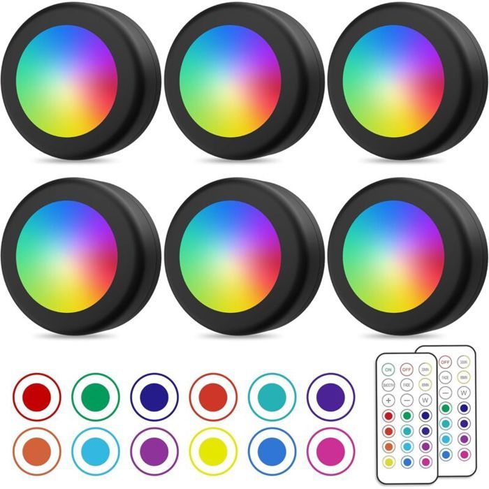 Lot de 6 spots LED sans fil couleur pour placard avec télécommande éclairage batterie armoire/cuisine veilleuse réglable