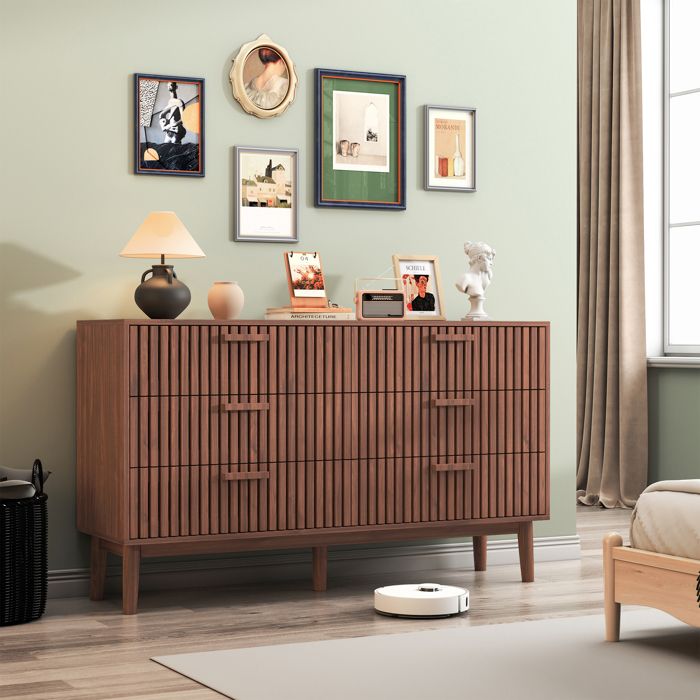 Commode à 6 Tiroirs Commode Scandinave avec Poignée en Bois et Pieds de Support Chiffonnier Meuble de Rangement Couleur Noyer