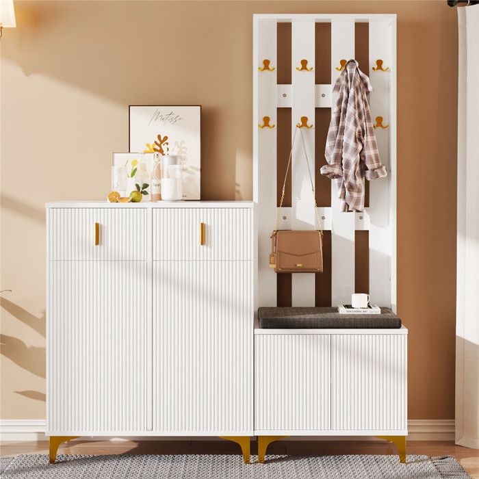Vestiaire Dentrée Blanc avec Banc Tapissier Meuble Chaussure Porte-Manteau Crochet Meuble Chaussure Entree avec Tiroirs Moderne