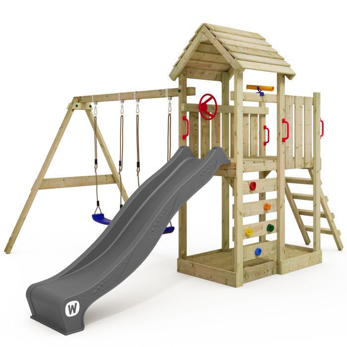 Wickey MultiFlyer – Portique En Bois Avec Toit, Toboggan, Balançoire, Bac à Sable Et Cuisine De Boue
