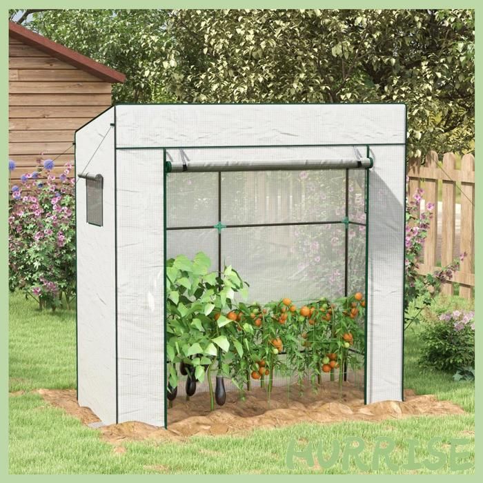 Cocosity Serre De Jardin Murale Adossée Avec 1 Porte Enroulable Bâche Pe Renforcée 2 Fenêtres Dim. 196L X 77L X 197/178H Cm