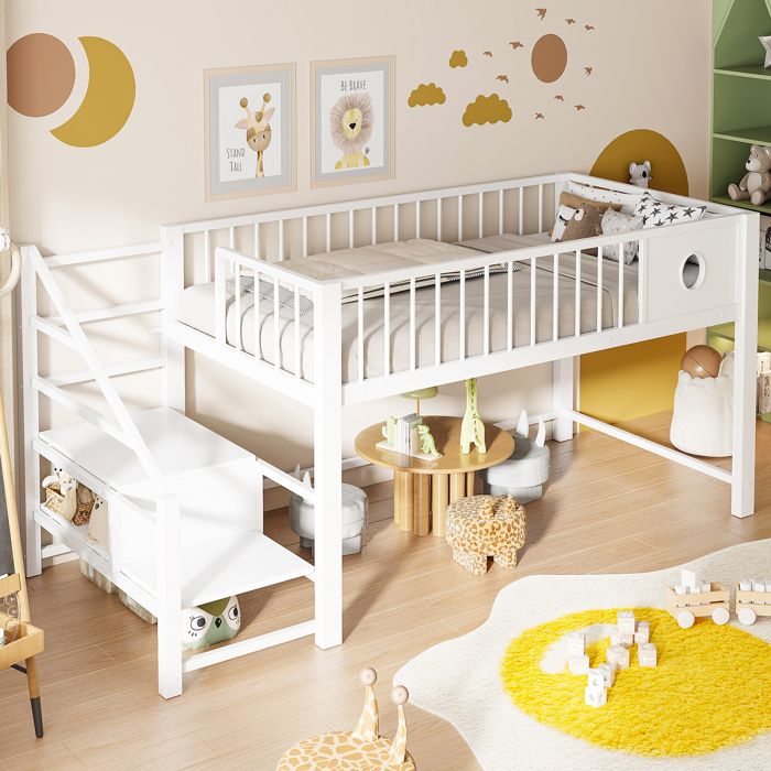 Lit mezzanine enfant - MERAX - Lit mezzanine bas avec escalier rangement - 90x200 - Métal+MDF - Escalier avec rangements Lit mezzanine enfant - MERAX - Lit mezzanine bas avec escalier rangement - 90x200 - Métal+MDF - Escalier avec rangements