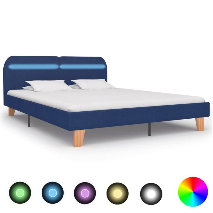 Meuble de Couchage - ZENCORE - Cadre de lit avec LED Moderne - Sommiers à lattes 2 PERSONNES - sans matelas - bleu tissu 180x200 cm