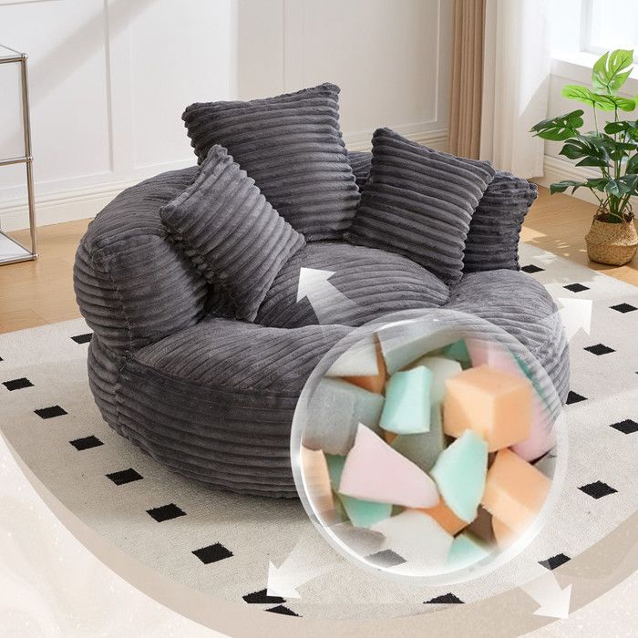 Fauteuil relax 108 x 108 x 52 cm avec trois coussins - Fauteuil de détente en velours côtelé - Mobilier de salon gris