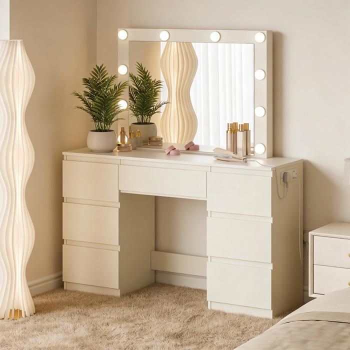 Coiffeuse avec Miroir LED Luminosité Réglable Table de Maquillage avec prises intégrées 7 Tiroirs 110x39.5x140 cm Commode Blanc